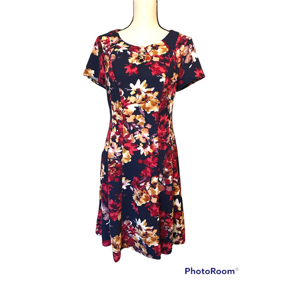 New AGB Blue Red Multicolored Floral Midi Dress, Size 8 - Picture 1 of 7